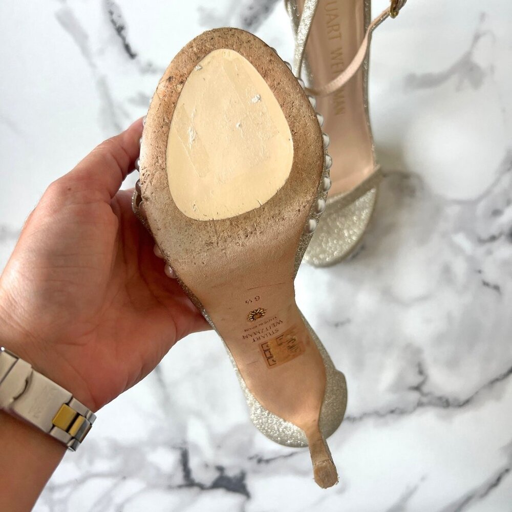 Stuart Weitzman Nudist Disco Pearl Gold Glitter Heels - Picture 9 of 9